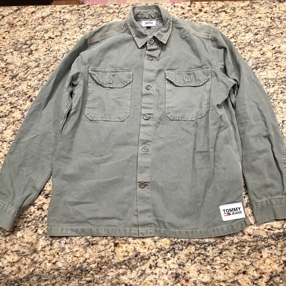 Tommy Jeans Mens Large Olive Green Canvas Button Down Utility Shirt Overshirt ws